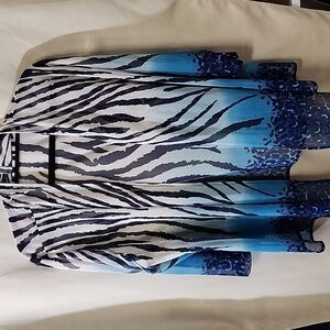 Chicos Travelers Collection Mesh Zebra Black White Blue Print Cardigan Size 3 XL